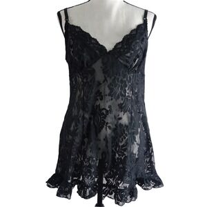 Vintage Victoria's Secret Black Lace Babydoll  Ruffle‎ Lingerie Chemise Coquette